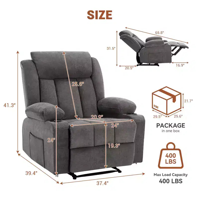 Poltrona Reclinabile Classica Extra Large Manuale con Massaggio a Vibrazione, Riscaldamento, Divano Comodo Imbottito con Seduta Profonda con Tasche Laterali, Tasche Frontali, Porta Bicchiere