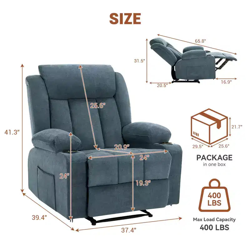 Poltrona Reclinabile Classica Extra Large Manuale con Massaggio a Vibrazione, Riscaldamento, Divano Comodo Imbottito con Seduta Profonda con Tasche Laterali, Tasche Frontali, Porta Bicchiere