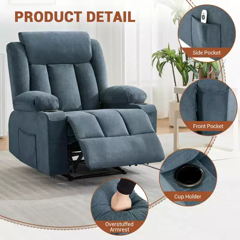 Poltrona Reclinabile Classica Extra Large Manuale con Massaggio a Vibrazione, Riscaldamento, Divano Comodo Imbottito con Seduta Profonda con Tasche Laterali, Tasche Frontali, Porta Bicchiere
