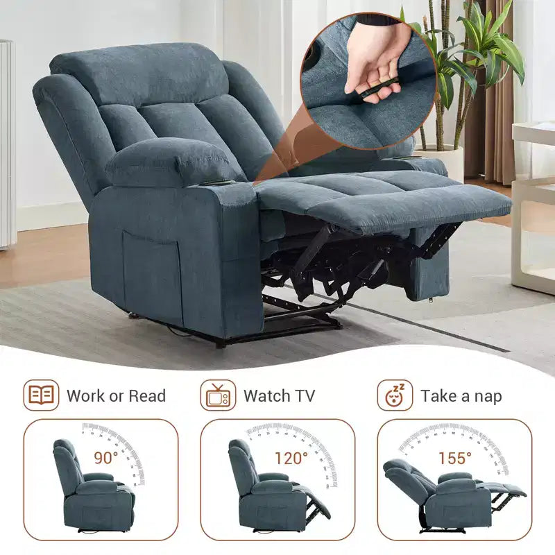 Poltrona Reclinabile Classica Extra Large Manuale con Massaggio a Vibrazione, Riscaldamento, Divano Comodo Imbottito con Seduta Profonda con Tasche Laterali, Tasche Frontali, Porta Bicchiere