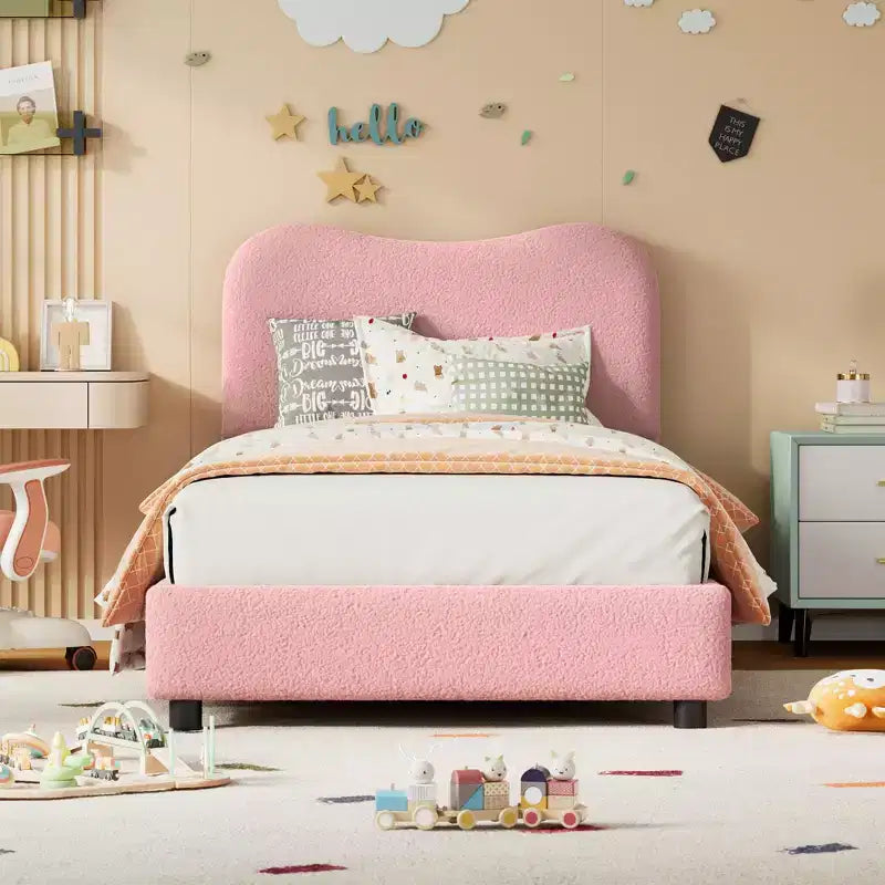 Struttura letto in tessuto con testiera imbottita, morbida e robusta, design ad angoli arrotondati, resistente, doghe in legno, nessun rumore, non è richiesta la base del materasso
