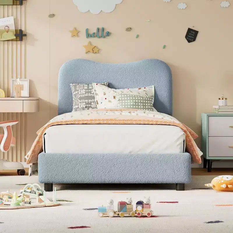 Struttura letto in tessuto con testiera imbottita, morbida e robusta, design ad angoli arrotondati, resistente, doghe in legno, nessun rumore, non è richiesta la base del materasso