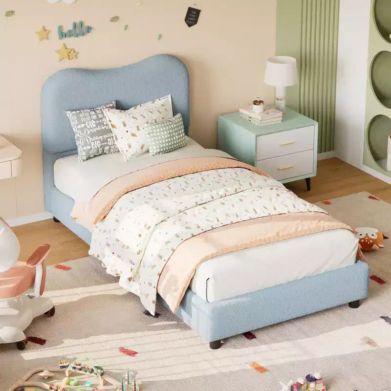 Struttura letto in tessuto con testiera imbottita, morbida e robusta, design ad angoli arrotondati, resistente, doghe in legno, nessun rumore, non è richiesta la base del materasso
