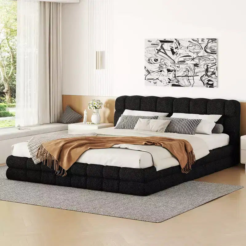 Struttura Letto Imbottita Queen Size, Letto a Piattaforma Imbottito in Pile Berber con Testiera Capitonnè