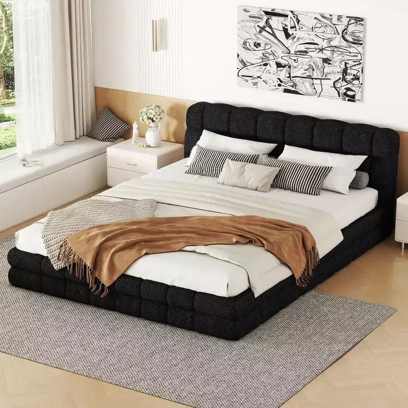 Struttura Letto Imbottita Queen Size, Letto a Piattaforma Imbottito in Pile Berber con Testiera Capitonnè