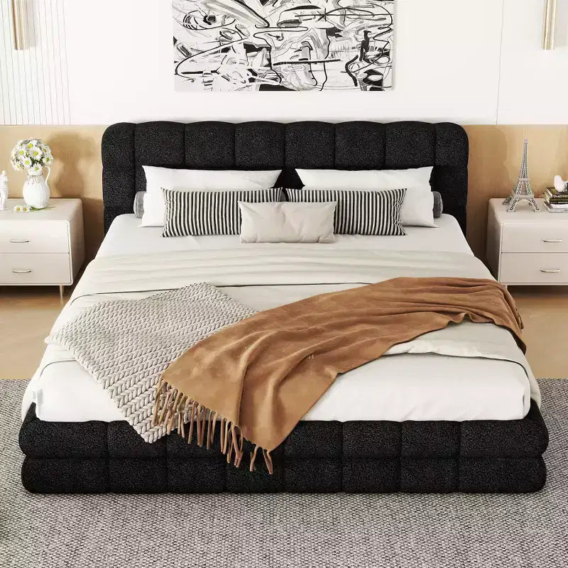 Queen Size Upholstered Platform Bed Frame, Berber Fleece Upholstered Grounded Bed with Tufted Headboard