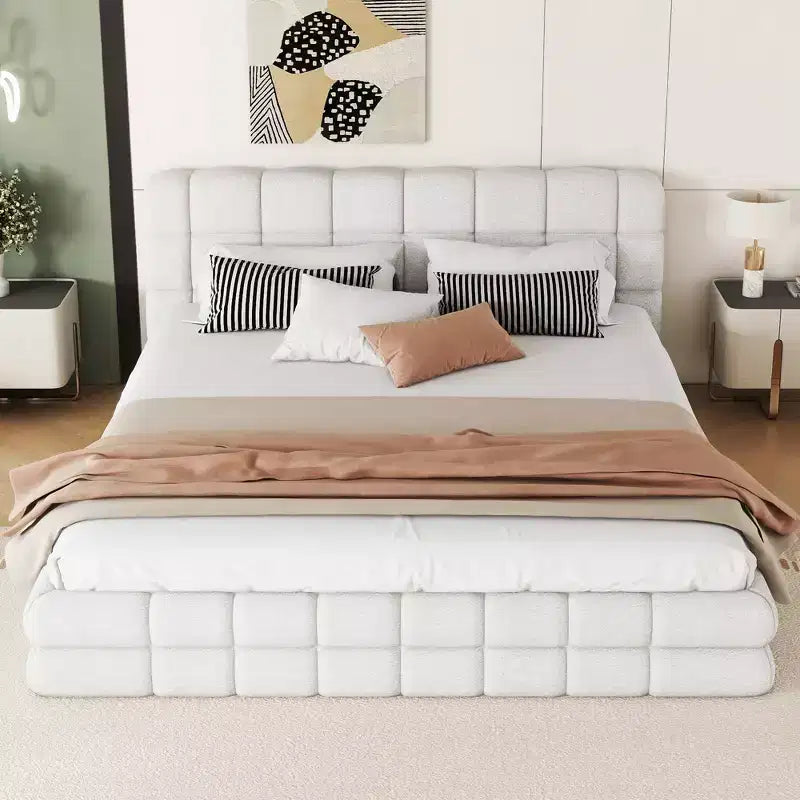 Struttura Letto Imbottita Queen Size, Letto a Piattaforma Imbottito in Pile Berber con Testiera Capitonnè