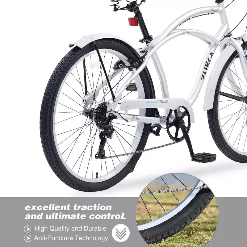 Whisen 26 Adult Outdoor Bikes with Steel Frame Low Swooping Frame, 7-Speed Gear, Front and Rear V brakes