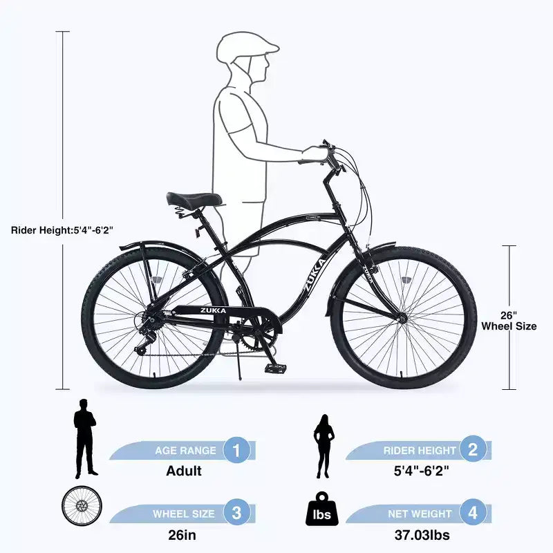 Whisen 26 Adult Outdoor Bikes with Steel Frame Low Swooping Frame, 7-Speed Gear, Front and Rear V brakes
