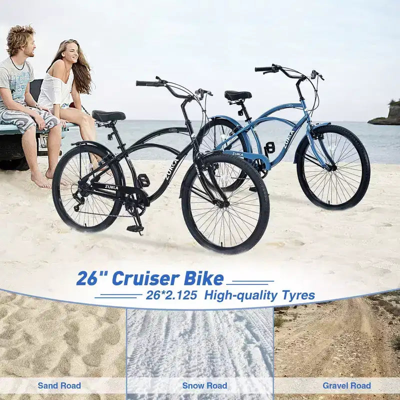 Whisen 26 Adult Outdoor Bikes with Steel Frame Low Swooping Frame, 7-Speed Gear, Front and Rear V brakes