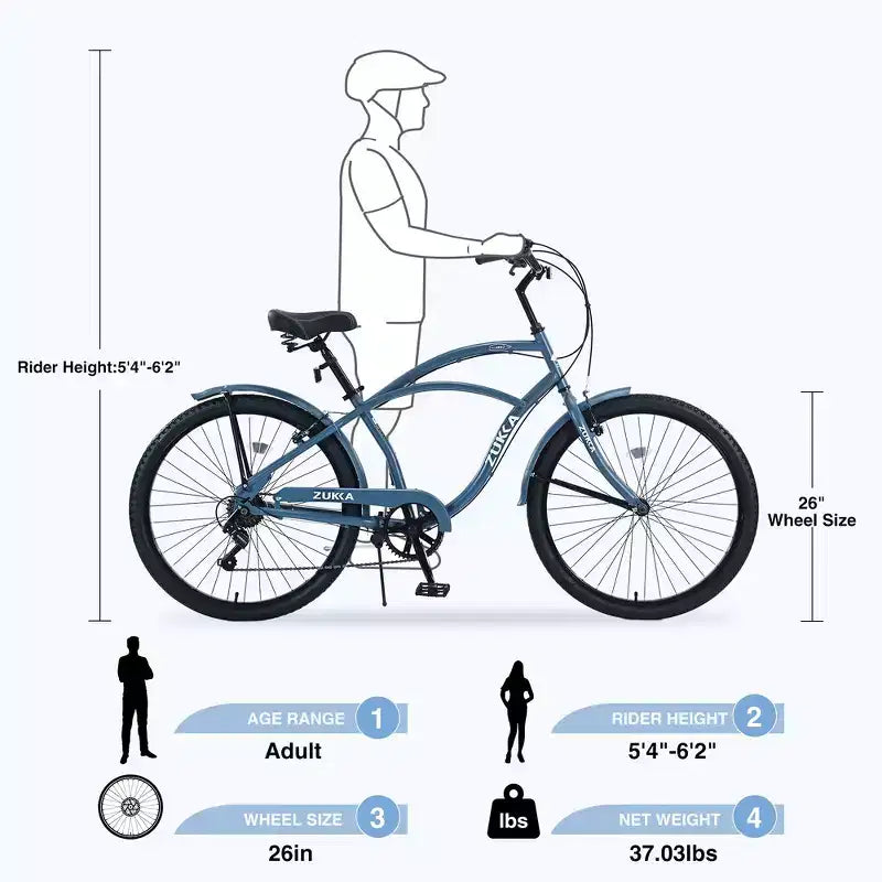 Whisen 26 Adult Outdoor Bikes with Steel Frame Low Swooping Frame, 7-Speed Gear, Front and Rear V brakes