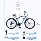Whisen 26 Adult Outdoor Bikes with Steel Frame Low Swooping Frame, 7-Speed Gear, Front and Rear V brakes
