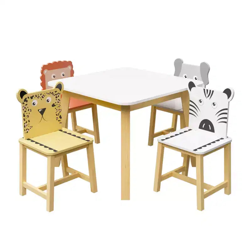 Kids Table and Chair Set, Kids Wooden Table with 4 Chairs, Cartoon Animal Pattern Chairs with Backrests, Cute Table and Chair Set
