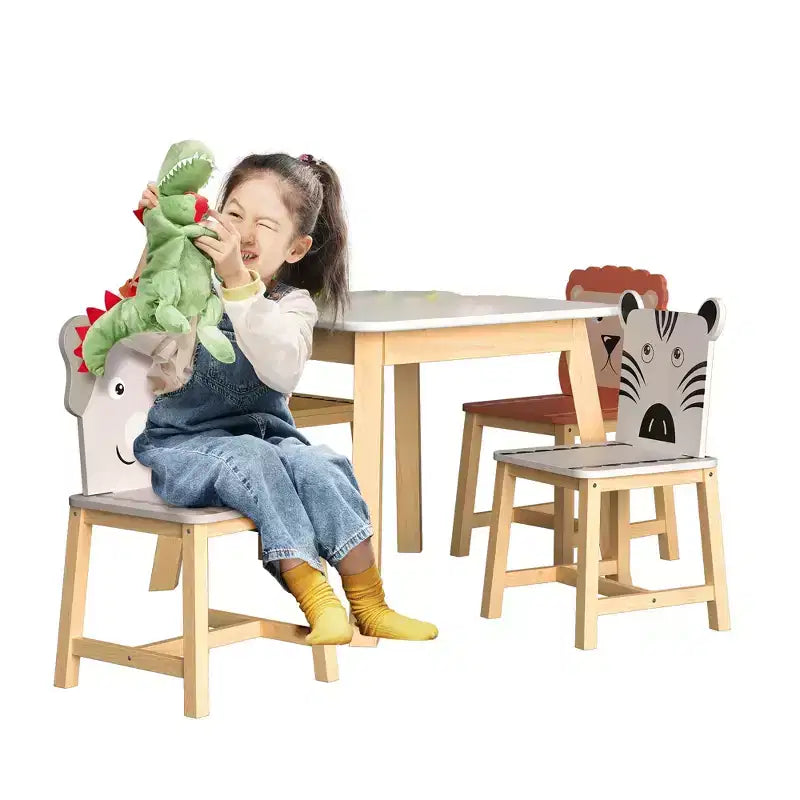 Kids Table and Chair Set, Kids Wooden Table with 4 Chairs, Cartoon Animal Pattern Chairs with Backrests, Cute Table and Chair Set