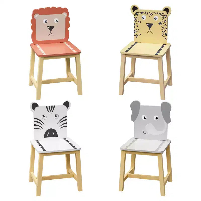 Kids Table and Chair Set, Kids Wooden Table with 4 Chairs, Cartoon Animal Pattern Chairs with Backrests, Cute Table and Chair Set