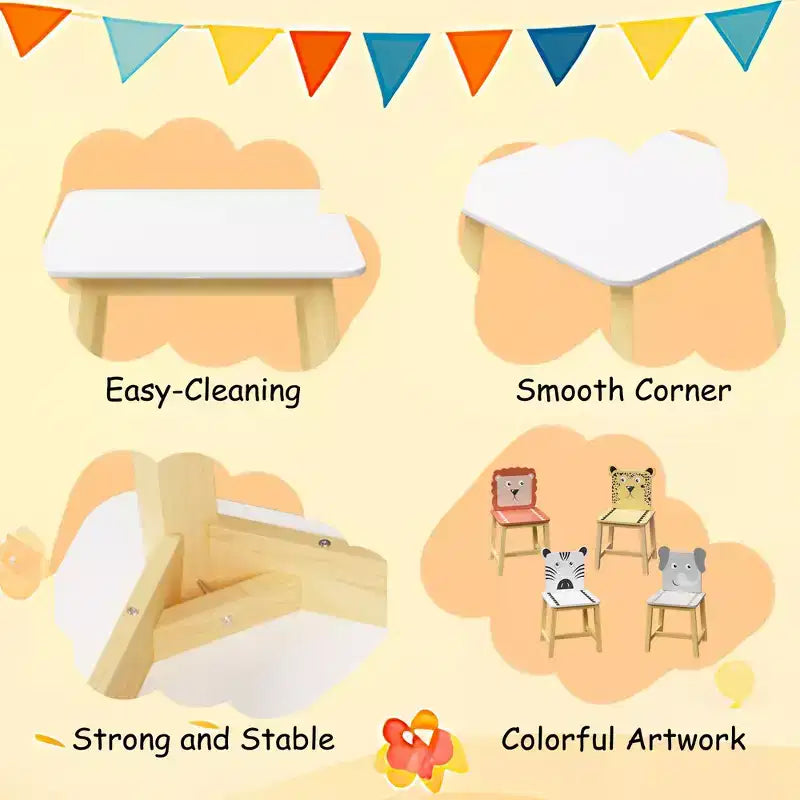 Kids Table and Chair Set, Kids Wooden Table with 4 Chairs, Cartoon Animal Pattern Chairs with Backrests, Cute Table and Chair Set