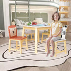Kids Table and Chair Set, Kids Wooden Table with 4 Chairs, Cartoon Animal Pattern Chairs with Backrests, Cute Table and Chair Set