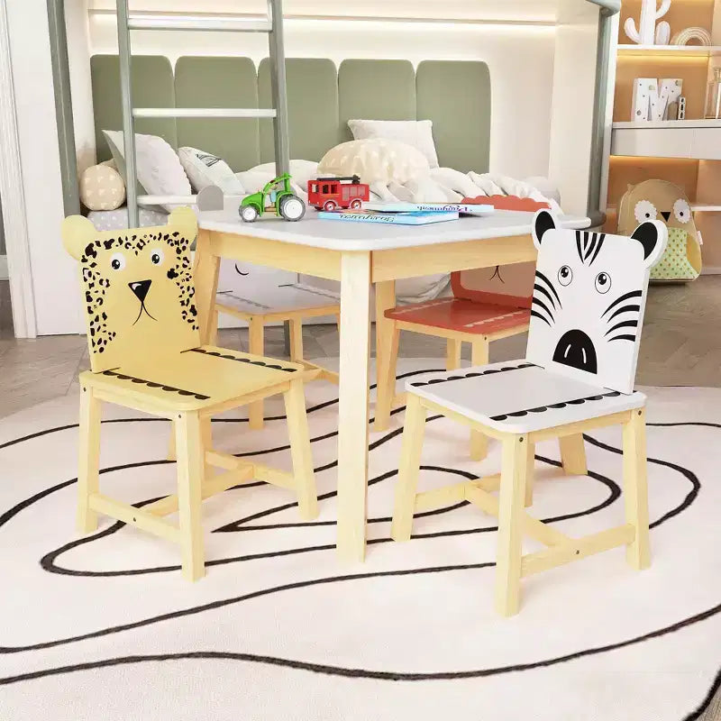 Kids Table and Chair Set, Kids Wooden Table with 4 Chairs, Cartoon Animal Pattern Chairs with Backrests, Cute Table and Chair Set