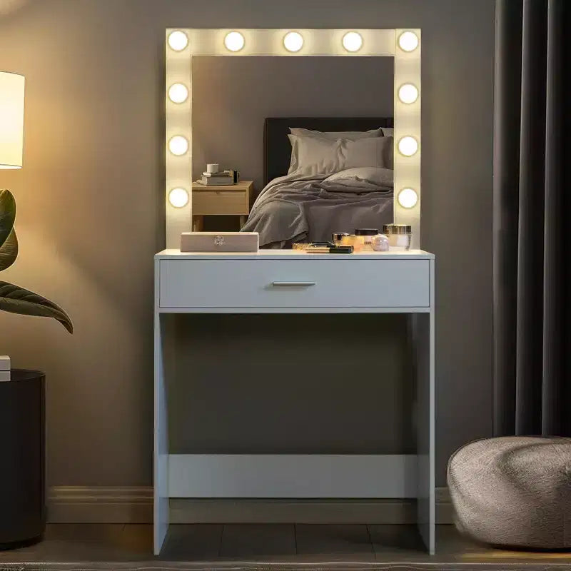 Toeletta con specchio e luci, tavolo da trucco con ampio cassetto, specchio a LED con 3 modalità di illuminazione regolabili, tavolo da toeletta