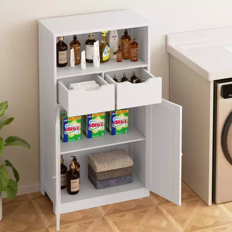 Celebalcony Mobile Autoportante per Bagno, Organizer con Ante e Cassetti, Dispensa Laterale con Ripiano Regolabile