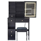 Modern Vanity Desk with Sliding LED Mirror, Three-Mode Lighting, Stool & Multi-Layer Storage for Small Spaces