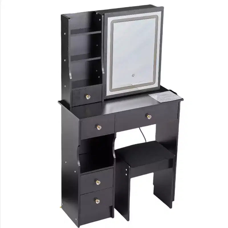 Modern Vanity Desk with Sliding LED Mirror, Three-Mode Lighting, Stool & Multi-Layer Storage for Small Spaces