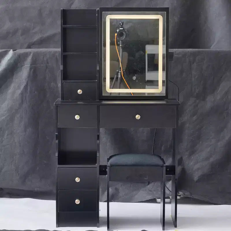 Modern Vanity Desk with Sliding LED Mirror, Three-Mode Lighting, Stool & Multi-Layer Storage for Small Spaces