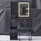 Modern Vanity Desk with Sliding LED Mirror, Three-Mode Lighting, Stool & Multi-Layer Storage for Small Spaces