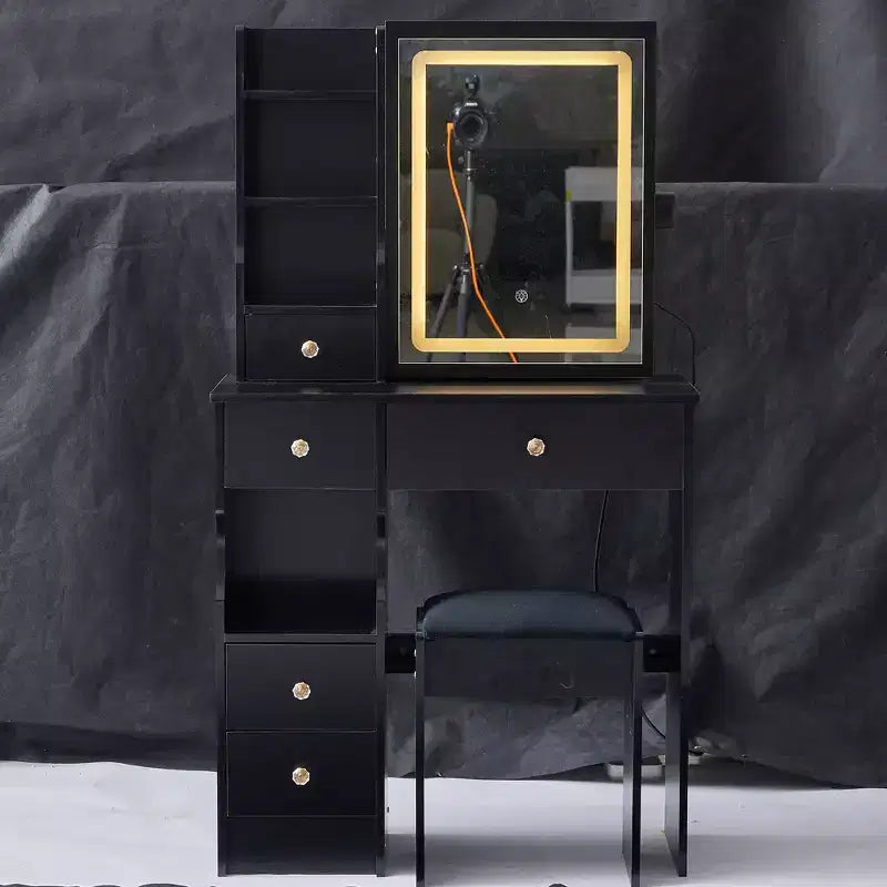 Modern Vanity Desk with Sliding LED Mirror, Three-Mode Lighting, Stool & Multi-Layer Storage for Small Spaces