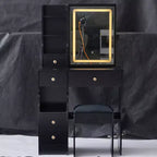 Modern Vanity Desk with Sliding LED Mirror, Three-Mode Lighting, Stool & Multi-Layer Storage for Small Spaces