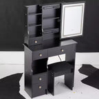 Modern Vanity Desk with Sliding LED Mirror, Three-Mode Lighting, Stool & Multi-Layer Storage for Small Spaces
