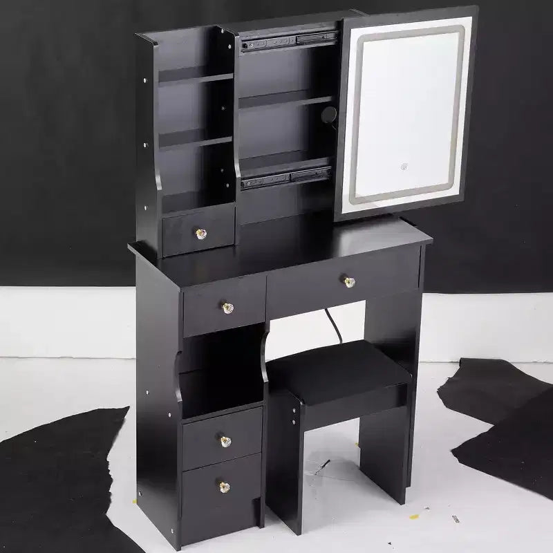 Modern Vanity Desk with Sliding LED Mirror, Three-Mode Lighting, Stool & Multi-Layer Storage for Small Spaces