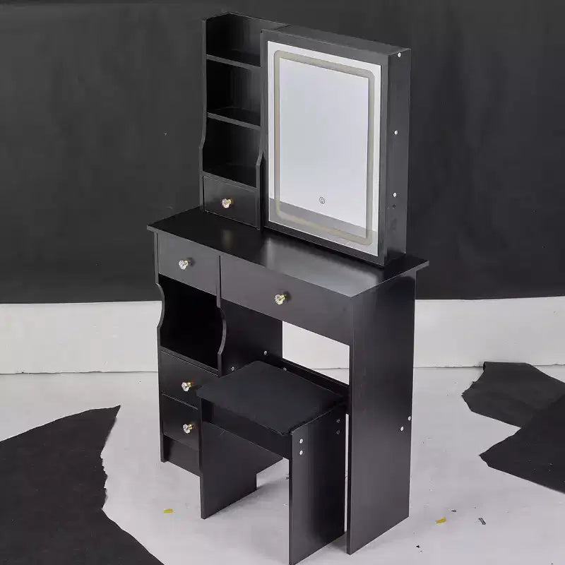 Modern Vanity Desk with Sliding LED Mirror, Three-Mode Lighting, Stool & Multi-Layer Storage for Small Spaces