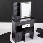 Modern Vanity Desk with Sliding LED Mirror, Three-Mode Lighting, Stool & Multi-Layer Storage for Small Spaces