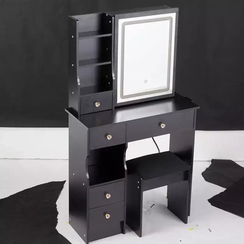 Modern Vanity Desk with Sliding LED Mirror, Three-Mode Lighting, Stool & Multi-Layer Storage for Small Spaces