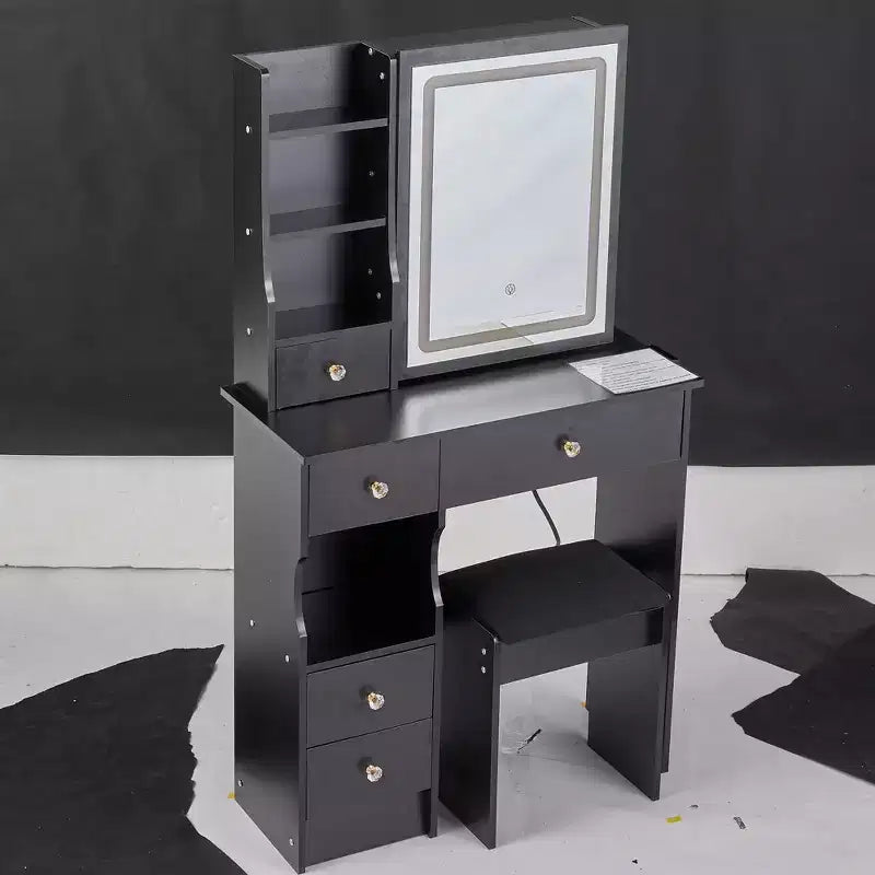 Modern Vanity Desk with Sliding LED Mirror, Three-Mode Lighting, Stool & Multi-Layer Storage for Small Spaces