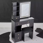 Modern Vanity Desk with Sliding LED Mirror, Three-Mode Lighting, Stool & Multi-Layer Storage for Small Spaces