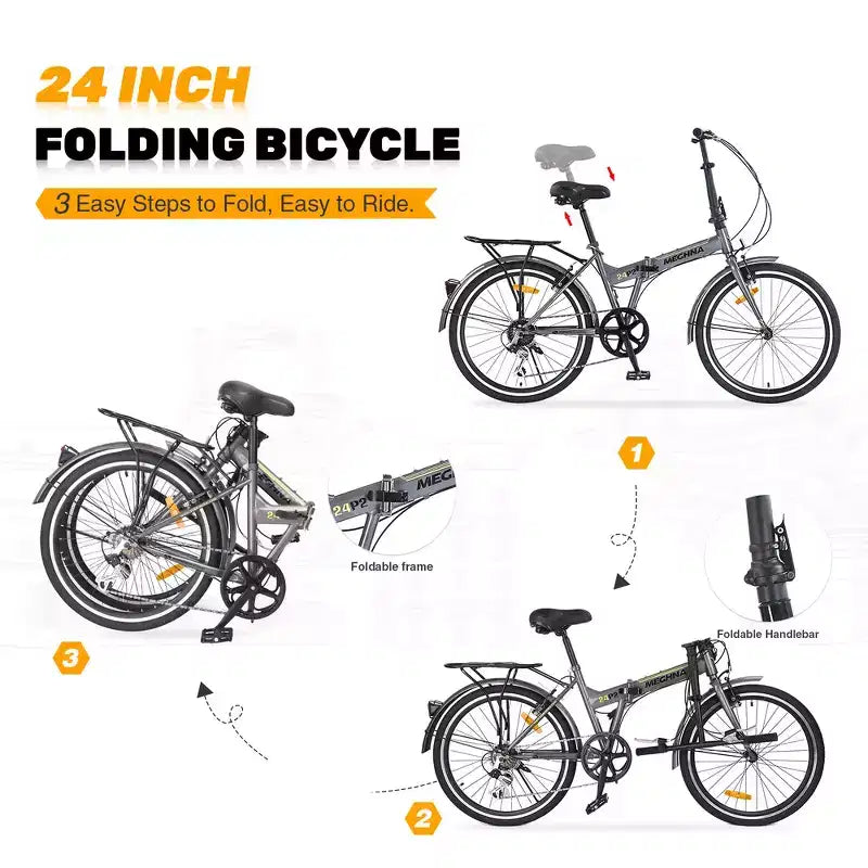 Whisen 24 Folding City Bike, Adult Bicycles with Shimano 7-Speed, Steel Frame