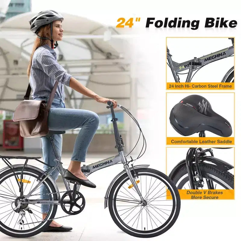 Whisen 24 Folding City Bike, Adult Bicycles with Shimano 7-Speed, Steel Frame