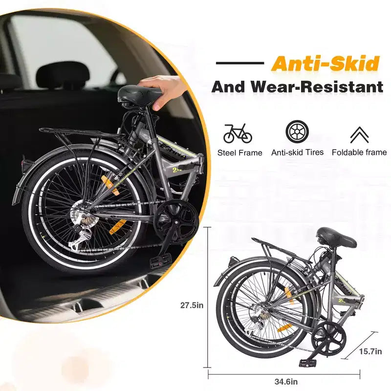 Whisen 24 Folding City Bike, Adult Bicycles with Shimano 7-Speed, Steel Frame
