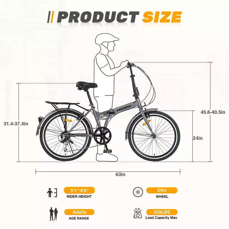 Whisen 24 Folding City Bike, Adult Bicycles with Shimano 7-Speed, Steel Frame