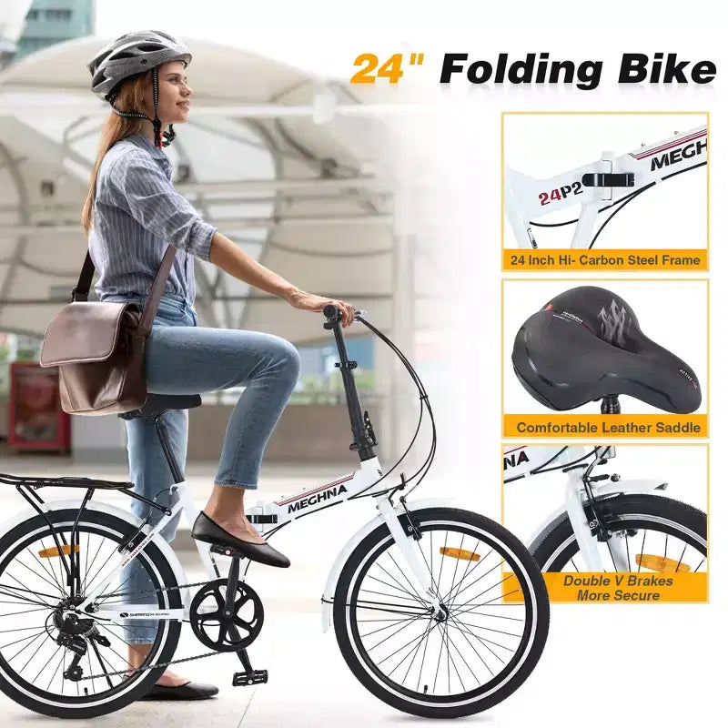 Whisen 24 Folding City Bike, Adult Bicycles with Shimano 7-Speed, Steel Frame