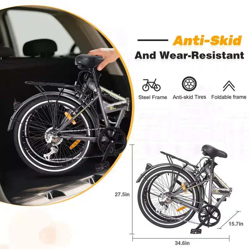 Whisen 24 Folding City Bike, Adult Bicycles with Shimano 7-Speed, Steel Frame