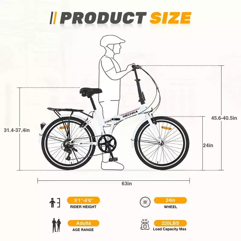 Whisen 24 Folding City Bike, Adult Bicycles with Shimano 7-Speed, Steel Frame