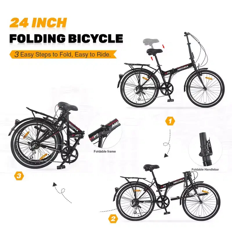 Whisen 24 Folding City Bike, Adult Bicycles with Shimano 7-Speed, Steel Frame