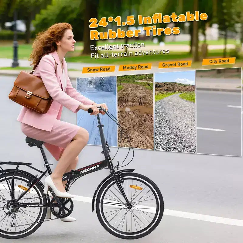 Whisen 24 Folding City Bike, Adult Bicycles with Shimano 7-Speed, Steel Frame