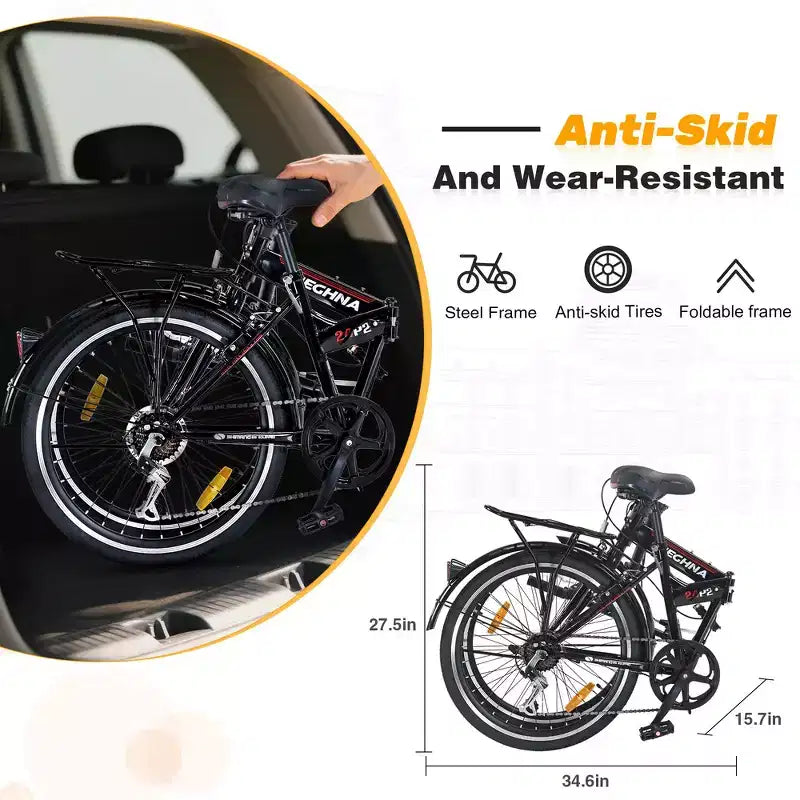 Whisen 24 Folding City Bike, Adult Bicycles with Shimano 7-Speed, Steel Frame