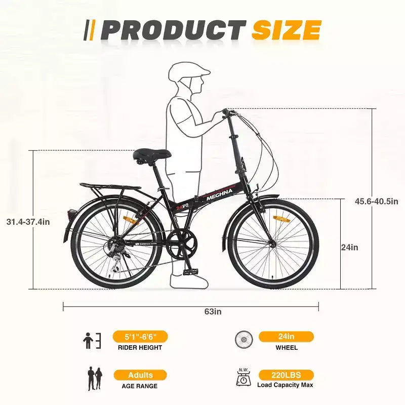 Whisen 24 Folding City Bike, Adult Bicycles with Shimano 7-Speed, Steel Frame