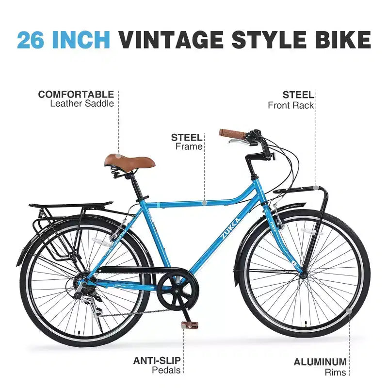 Whisen 26 Vintage Style Bike, Retro Commute Bike with 7 Speed, Steel Frame, double brakes