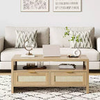 2 Storage Drawers and Open Shelf, Rattan Coffee Table, Mid Century Modern Center Table